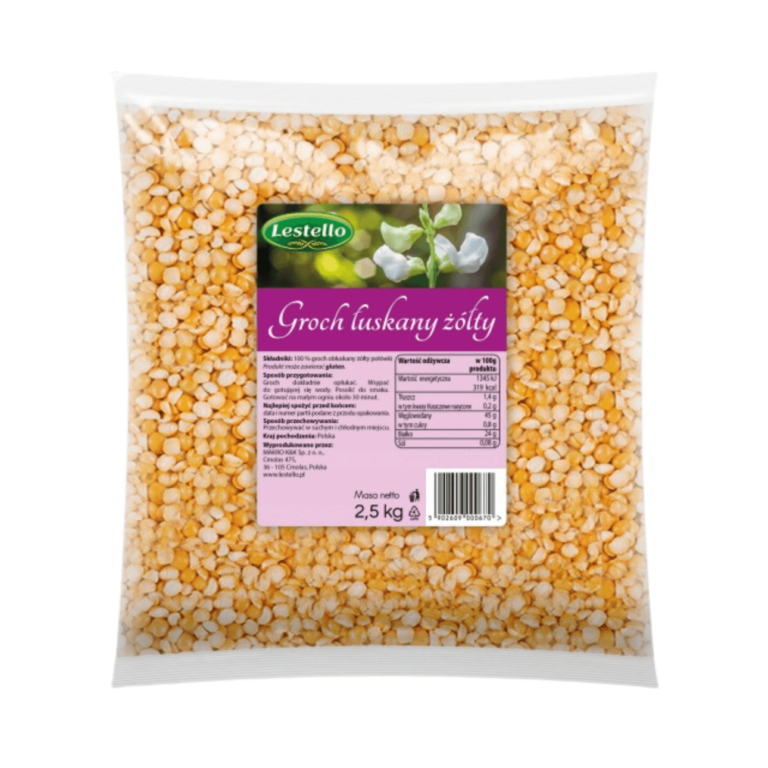 Groch łuskany żółty. Opakowanie o wadze 2,5kg.