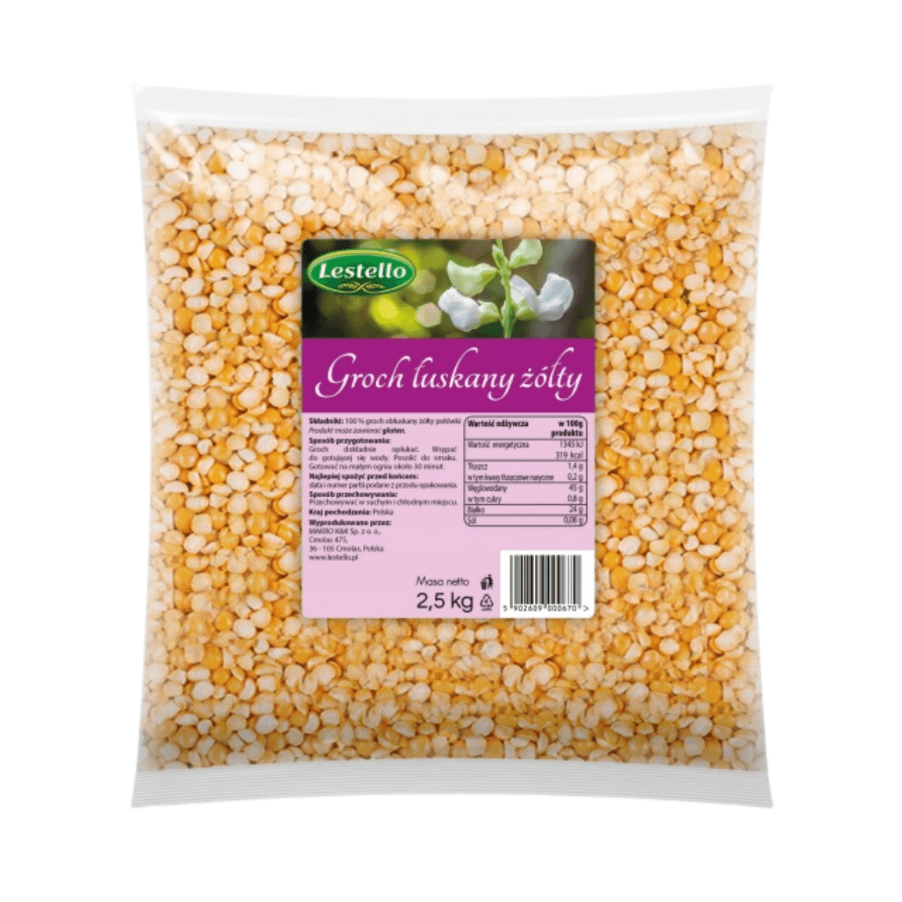 Groch łuskany żółty. Opakowanie o wadze 2,5kg.
