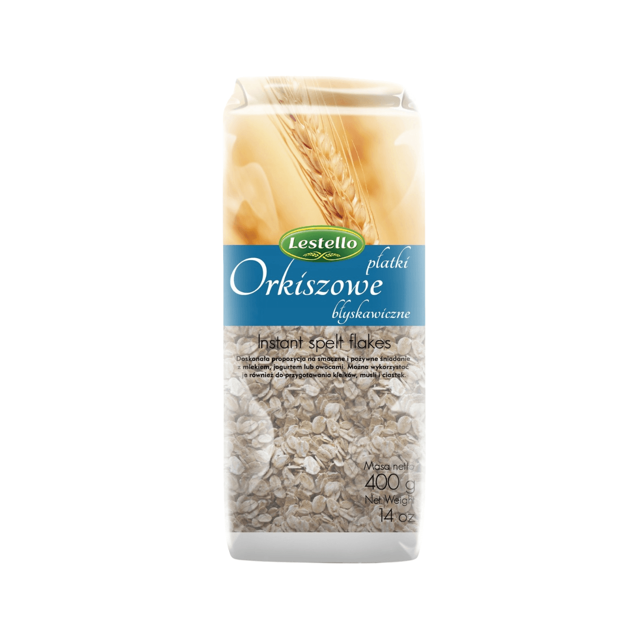 Płatki orkiszowe błyskawiczne. Opakowanie o wadze 400g.