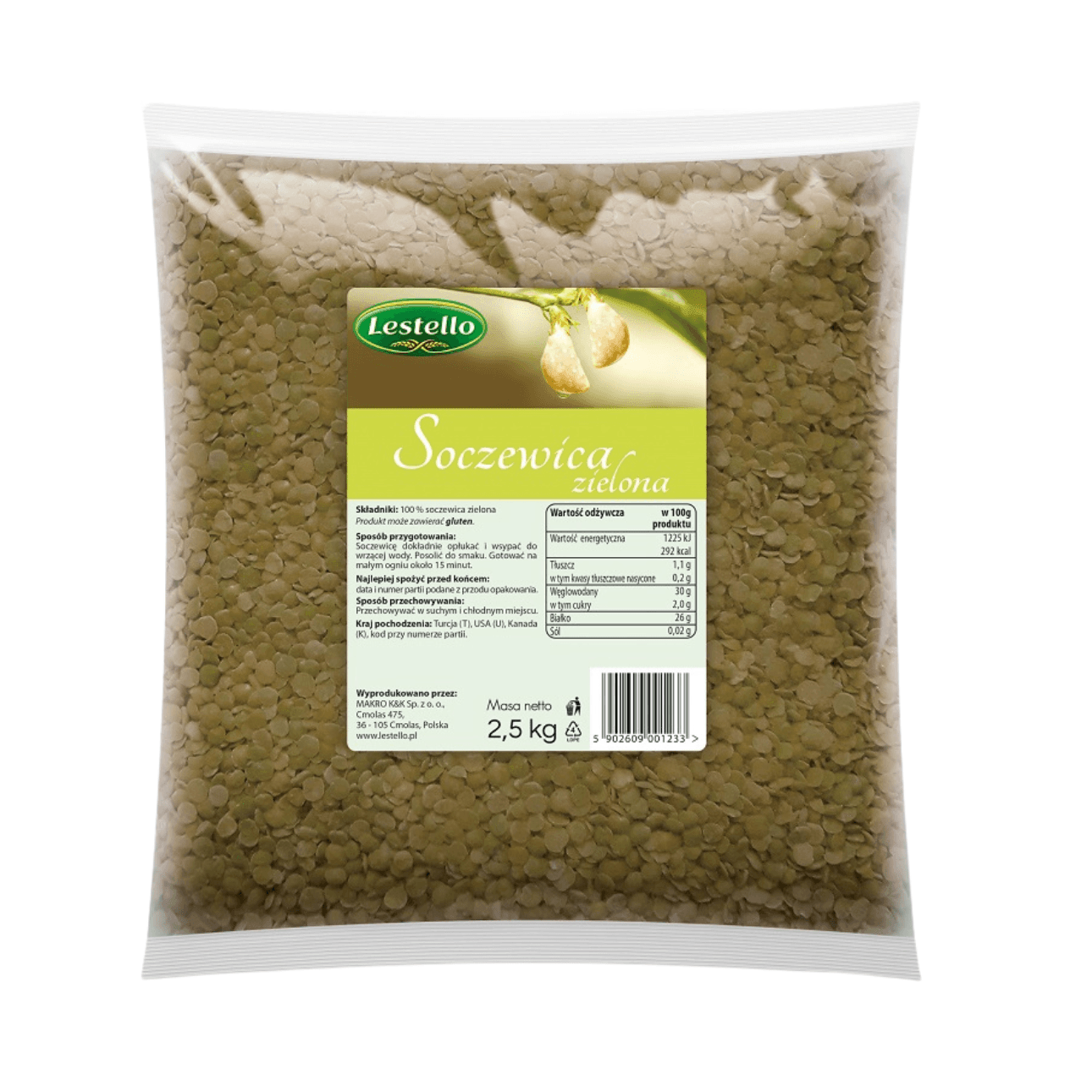 Soczewica zielona. Opakowanie o wadze 2,5kg.