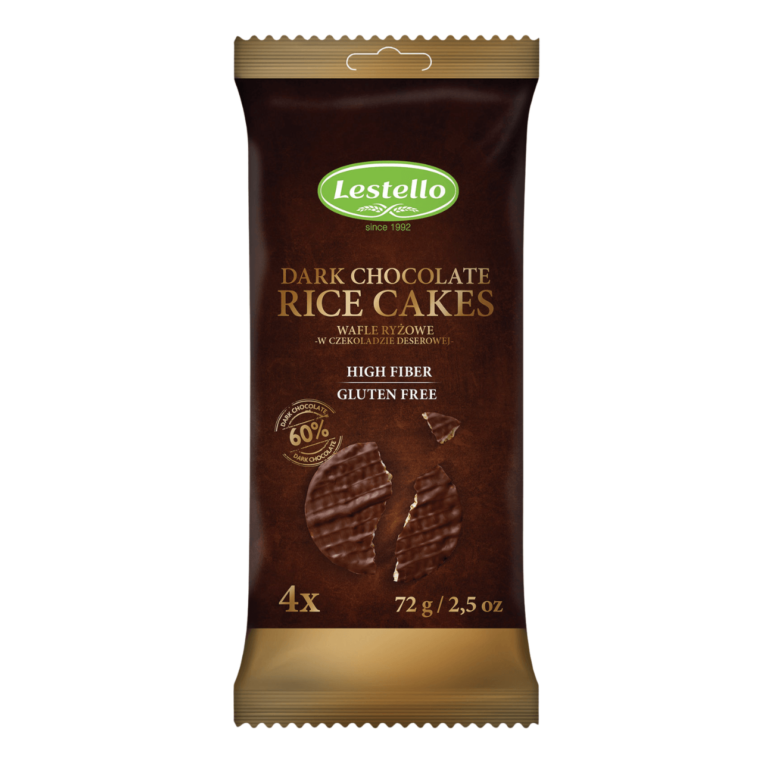 Wafle ryżowe w czekoladzie deserowej. Opakowanie o pojemności 72g, a w środku cztery wafle.